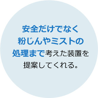 安全だけでなく粉じんやミストの処理まで考えた装置を提案してくれる。